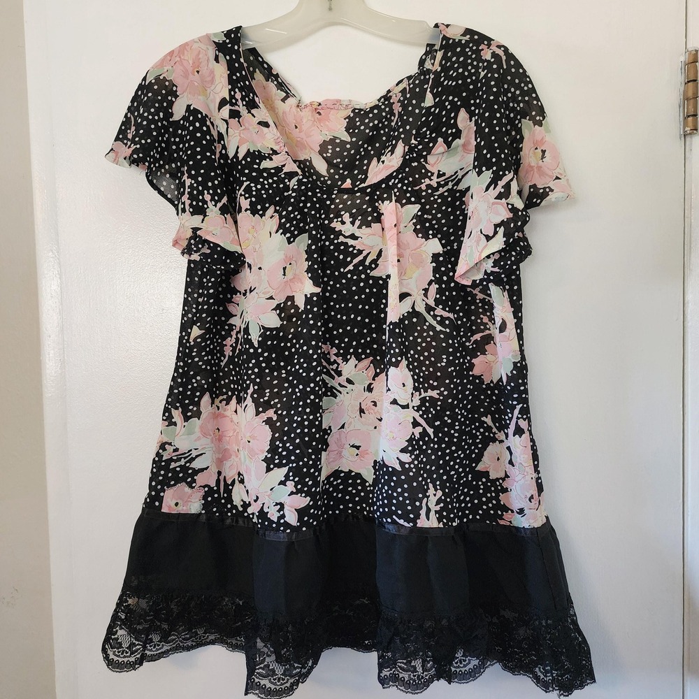 Tunic with light pink florals, black with white polka dots, handmade possibly
